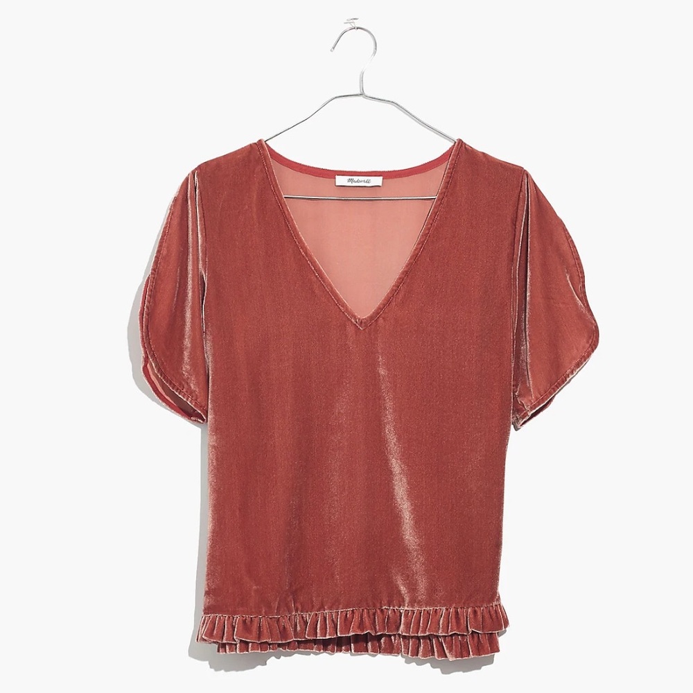 Madewell Tulip-Sleeved Pink Velvet Ruffle Top